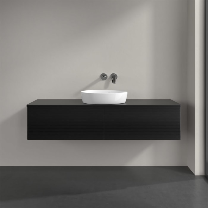 Villeroy & Boch Antao Waschbeckenunterschrank, 160 x 36 cm, 2 Auszüge mit LED-Licht, Front mit Struktur, ohne Hahnloch, für Waschtisch mittig