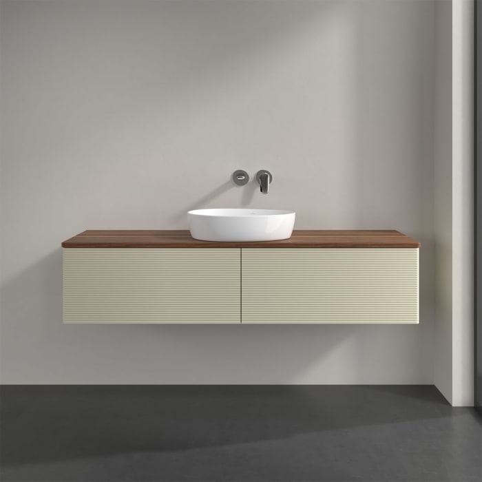 Villeroy & Boch Antao Waschbeckenunterschrank, 160 x 36 cm, 2 Auszüge mit LED-Licht, Front mit Struktur, ohne Hahnloch, für Waschtisch mittig