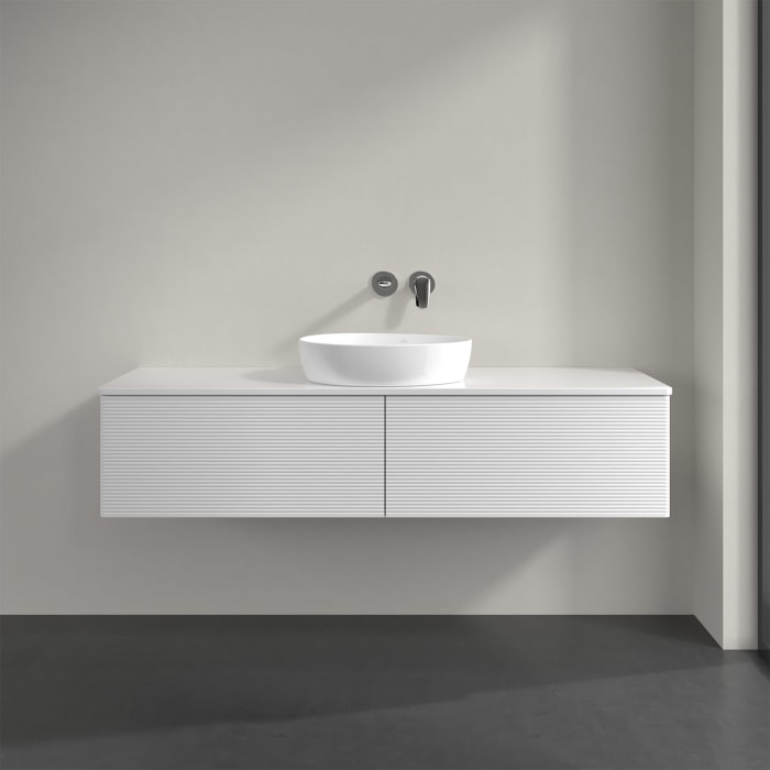 Villeroy & Boch Antao Waschbeckenunterschrank, 160 x 36 cm, 2 Auszüge mit LED-Licht, Front mit Struktur, mit Hahnloch, für Waschtisch mittig