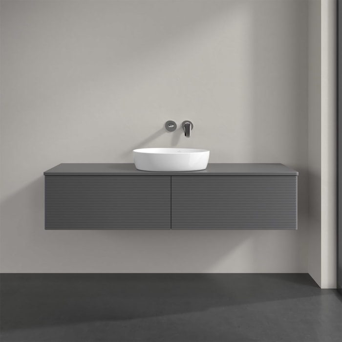 Villeroy & Boch Antao Waschbeckenunterschrank, 160 x 36 cm, 2 Auszüge mit LED-Licht, Front mit Struktur, mit Hahnloch, für Waschtisch mittig