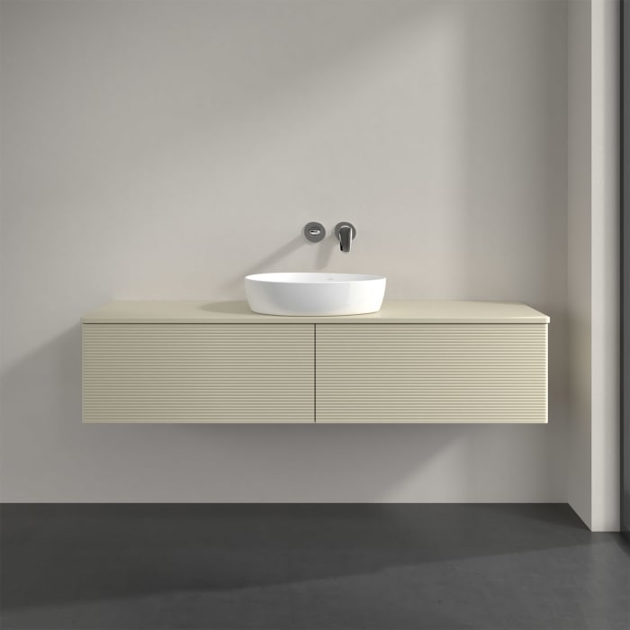 Villeroy & Boch Antao Waschbeckenunterschrank, 160 x 36 cm, 2 Auszüge mit LED-Licht, Front mit Struktur, mit Hahnloch, für Waschtisch mittig