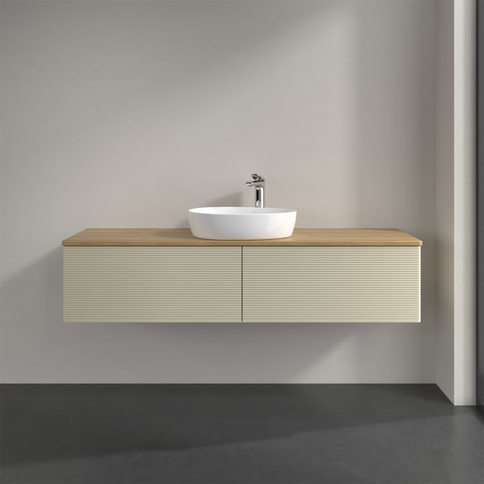 Villeroy & Boch Antao Waschbeckenunterschrank, 160 x 36 cm, 2 Auszüge mit LED-Licht, Front mit Struktur, mit Hahnloch, für Waschtisch mittig