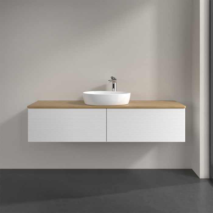 Villeroy & Boch Antao Waschbeckenunterschrank, 160 x 36 cm, 2 Auszüge mit LED-Licht, Front mit Struktur, mit Hahnloch, für Waschtisch mittig