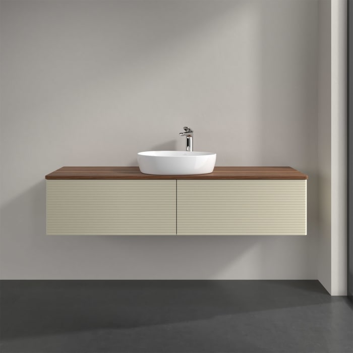 Villeroy & Boch Antao Waschbeckenunterschrank, 160 x 36 cm, 2 Auszüge mit LED-Licht, Front mit Struktur, mit Hahnloch, für Waschtisch mittig