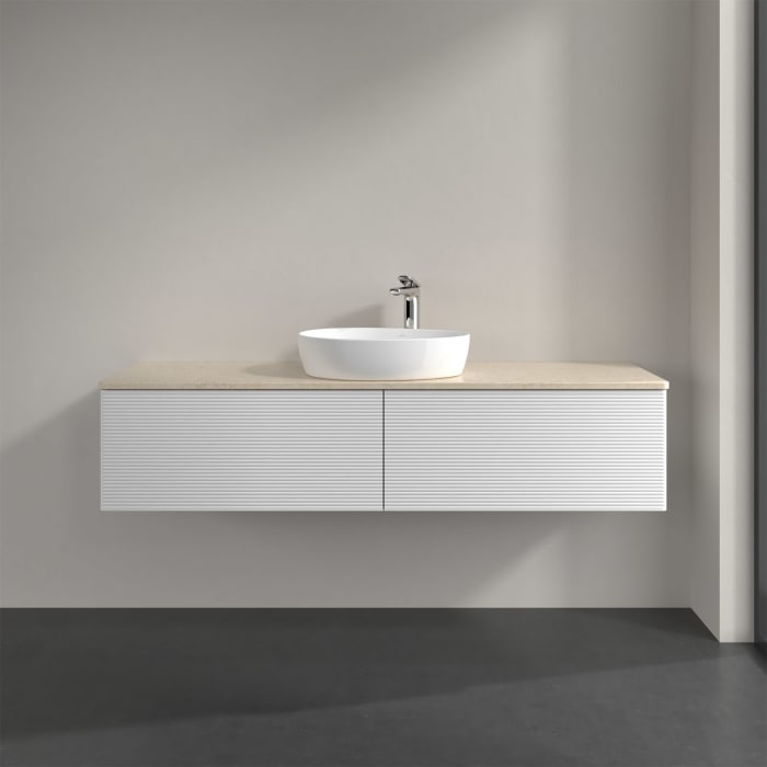Villeroy & Boch Antao Waschbeckenunterschrank, 160 x 36 cm, 2 Auszüge mit LED-Licht, Front mit Struktur, mit Hahnloch, für Waschtisch mittig