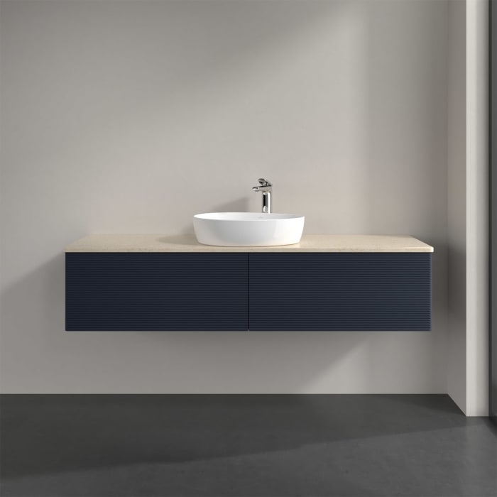 Villeroy & Boch Antao Waschbeckenunterschrank, 160 x 36 cm, 2 Auszüge mit LED-Licht, Front mit Struktur, mit Hahnloch, für Waschtisch mittig