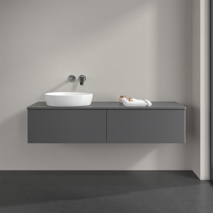 Villeroy & Boch Antao Waschbeckenunterschrank, 160 x 36 cm, 2 Auszüge mit LED-Licht, Front ohne Struktur, ohne Hahnloch, für Waschtisch links