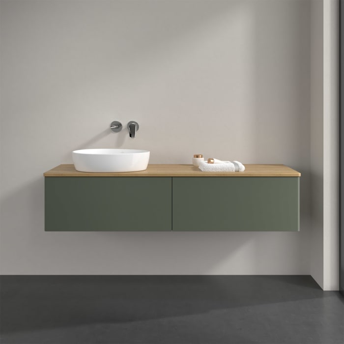 Villeroy & Boch Antao Waschbeckenunterschrank, 160 x 36 cm, 2 Auszüge mit LED-Licht, Front ohne Struktur, ohne Hahnloch, für Waschtisch links