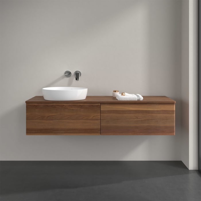 Villeroy & Boch Antao Waschbeckenunterschrank, 160 x 36 cm, 2 Auszüge mit LED-Licht, Front ohne Struktur, ohne Hahnloch, für Waschtisch links