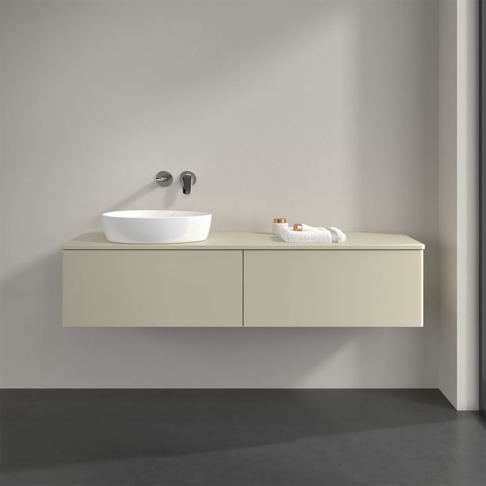 Villeroy & Boch Antao Waschbeckenunterschrank, 160 x 36 cm, 2 Auszüge mit LED-Licht, Front ohne Struktur, mit Hahnloch, für Waschtisch links