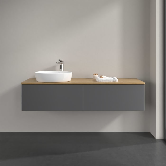 Villeroy & Boch Antao Waschbeckenunterschrank, 160 x 36 cm, 2 Auszüge mit LED-Licht, Front ohne Struktur, mit Hahnloch, für Waschtisch links