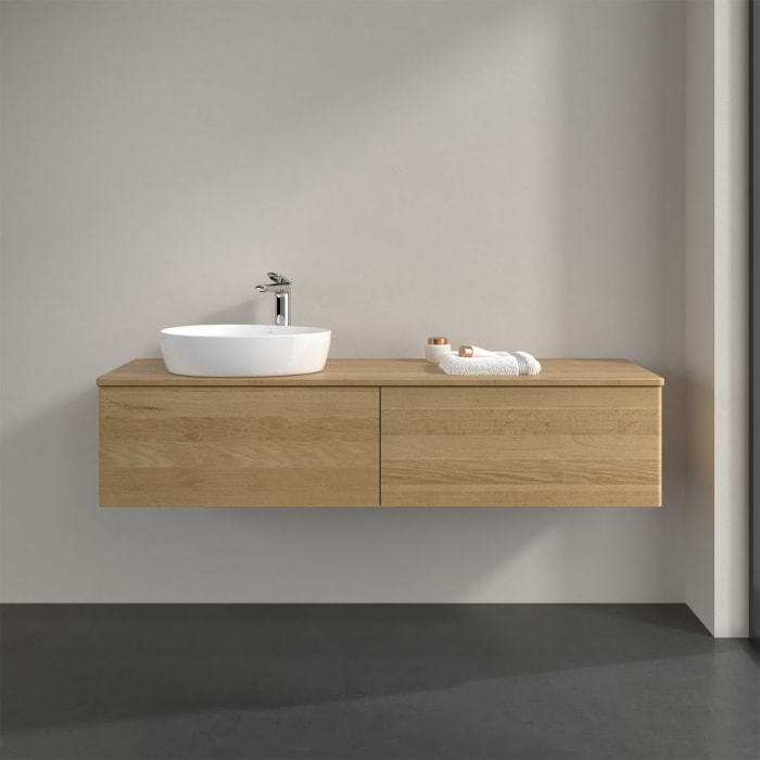 Villeroy & Boch Antao Waschbeckenunterschrank, 160 x 36 cm, 2 Auszüge mit LED-Licht, Front ohne Struktur, mit Hahnloch, für Waschtisch links