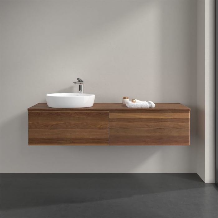 Villeroy & Boch Antao Waschbeckenunterschrank, 160 x 36 cm, 2 Auszüge mit LED-Licht, Front ohne Struktur, mit Hahnloch, für Waschtisch links