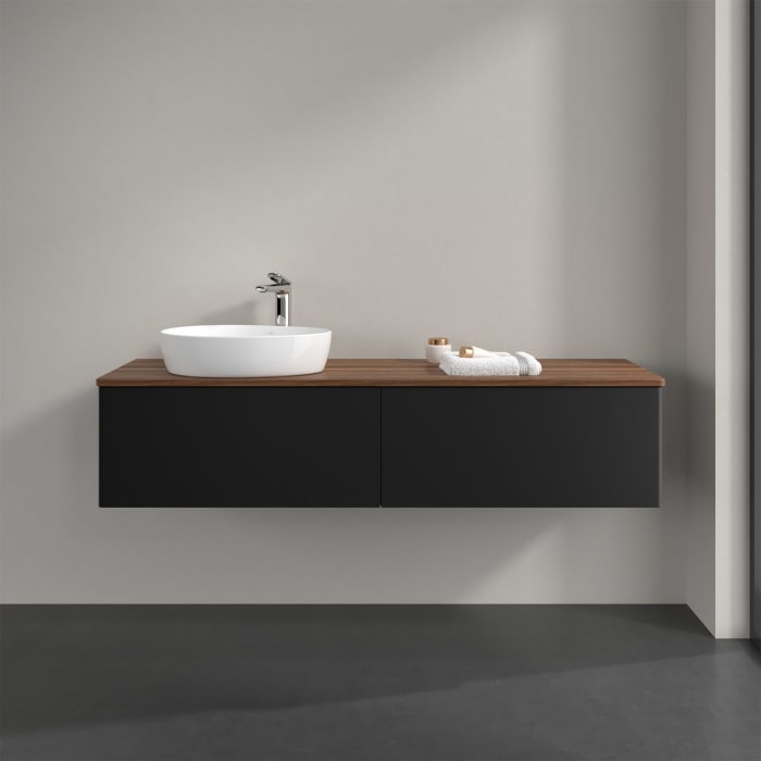 Villeroy & Boch Antao Waschbeckenunterschrank, 160 x 36 cm, 2 Auszüge mit LED-Licht, Front ohne Struktur, mit Hahnloch, für Waschtisch links