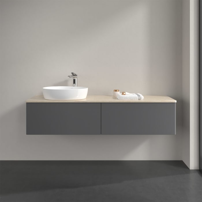 Villeroy & Boch Antao Waschbeckenunterschrank, 160 x 36 cm, 2 Auszüge mit LED-Licht, Front ohne Struktur, mit Hahnloch, für Waschtisch links