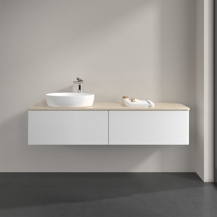 Villeroy & Boch Antao Waschbeckenunterschrank, 160 x 36 cm, 2 Auszüge mit LED-Licht, Front ohne Struktur, mit Hahnloch, für Waschtisch links