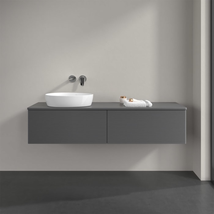 Villeroy & Boch Antao Waschbeckenunterschrank, 160 x 36 cm, 2 Auszüge mit LED-Licht, Front mit Struktur, ohne Hahnloch, für Waschtisch links