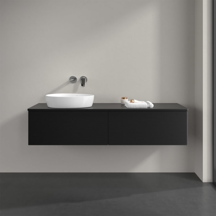 Villeroy & Boch Antao Waschbeckenunterschrank, 160 x 36 cm, 2 Auszüge mit LED-Licht, Front mit Struktur, ohne Hahnloch, für Waschtisch links