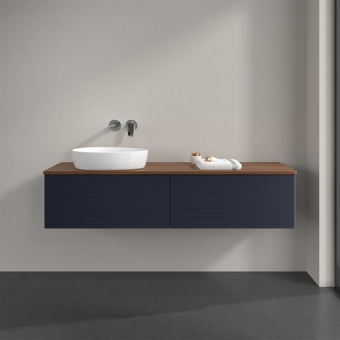 Villeroy & Boch Antao Waschbeckenunterschrank, 160 x 36 cm, 2 Auszüge mit LED-Licht, Front mit Struktur, ohne Hahnloch, für Waschtisch links