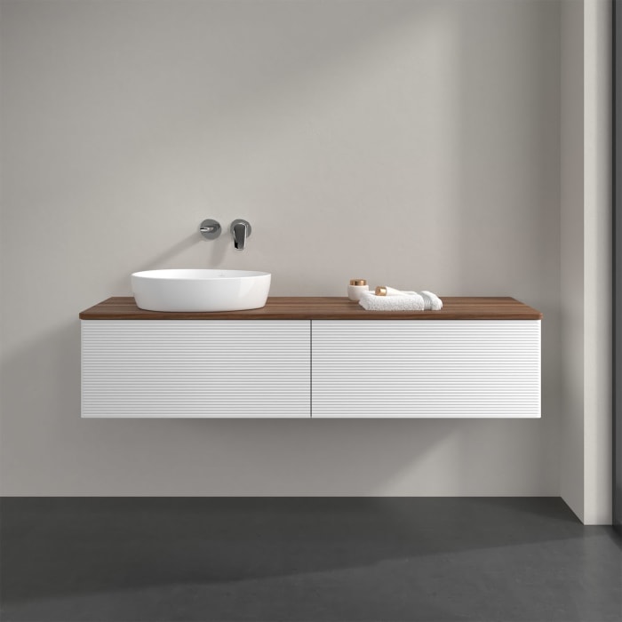 Villeroy & Boch Antao Waschbeckenunterschrank, 160 x 36 cm, 2 Auszüge mit LED-Licht, Front mit Struktur, ohne Hahnloch, für Waschtisch links