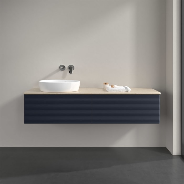 Villeroy & Boch Antao Waschbeckenunterschrank, 160 x 36 cm, 2 Auszüge mit LED-Licht, Front mit Struktur, ohne Hahnloch, für Waschtisch links