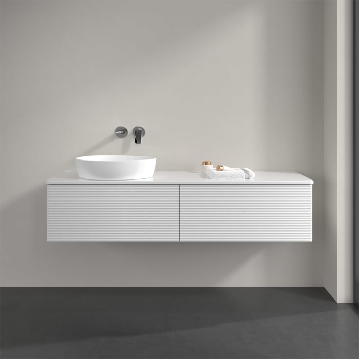 Villeroy & Boch Antao Waschbeckenunterschrank, 160 x 36 cm, 2 Auszüge mit LED-Licht, Front mit Struktur, mit Hahnloch, für Waschtisch links