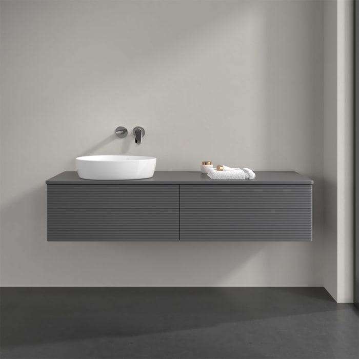 Villeroy & Boch Antao Waschbeckenunterschrank, 160 x 36 cm, 2 Auszüge mit LED-Licht, Front mit Struktur, mit Hahnloch, für Waschtisch links