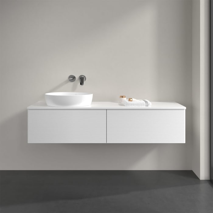 Villeroy & Boch Antao Waschbeckenunterschrank, 160 x 36 cm, 2 Auszüge mit LED-Licht, Front mit Struktur, mit Hahnloch, für Waschtisch links