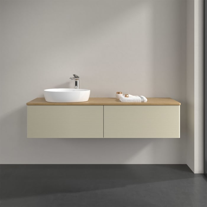 Villeroy & Boch Antao Waschbeckenunterschrank, 160 x 36 cm, 2 Auszüge mit LED-Licht, Front mit Struktur, mit Hahnloch, für Waschtisch links