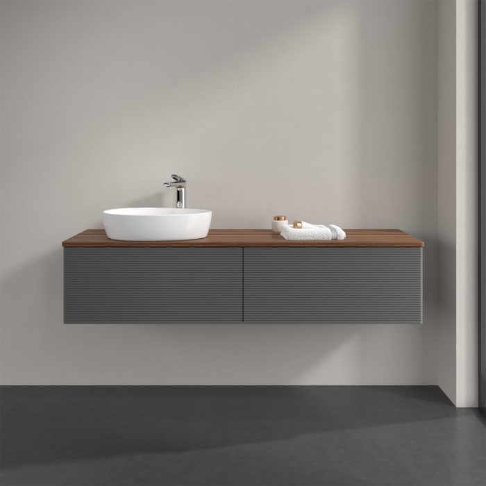 Villeroy & Boch Antao Waschbeckenunterschrank, 160 x 36 cm, 2 Auszüge mit LED-Licht, Front mit Struktur, mit Hahnloch, für Waschtisch links