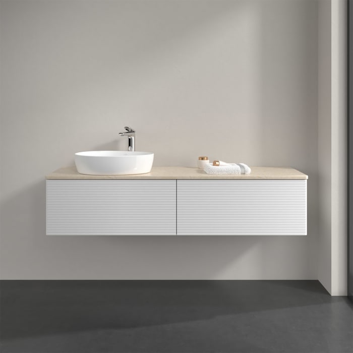 Villeroy & Boch Antao Waschbeckenunterschrank, 160 x 36 cm, 2 Auszüge mit LED-Licht, Front mit Struktur, mit Hahnloch, für Waschtisch links