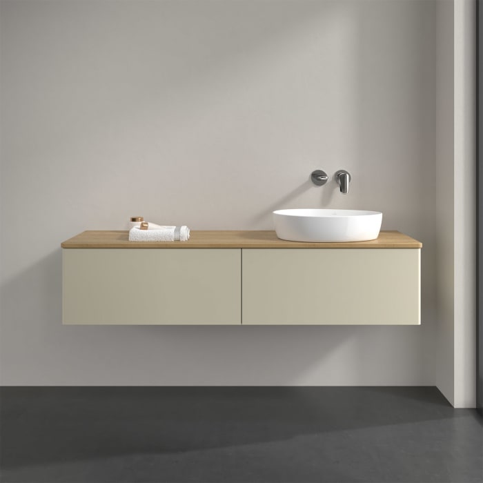 Villeroy & Boch Antao Waschbeckenunterschrank, 160 x 36 cm, 2 Auszüge mit LED-Licht, Front ohne Struktur, ohne Hahnloch, für Waschtisch rechts