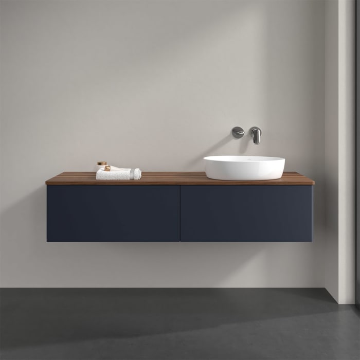 Villeroy & Boch Antao Waschbeckenunterschrank, 160 x 36 cm, 2 Auszüge mit LED-Licht, Front ohne Struktur, ohne Hahnloch, für Waschtisch rechts