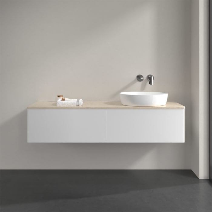 Villeroy & Boch Antao Waschbeckenunterschrank, 160 x 36 cm, 2 Auszüge mit LED-Licht, Front ohne Struktur, ohne Hahnloch, für Waschtisch rechts