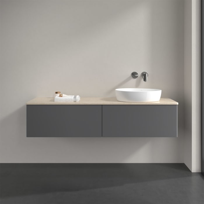 Villeroy & Boch Antao Waschbeckenunterschrank, 160 x 36 cm, 2 Auszüge mit LED-Licht, Front ohne Struktur, ohne Hahnloch, für Waschtisch rechts