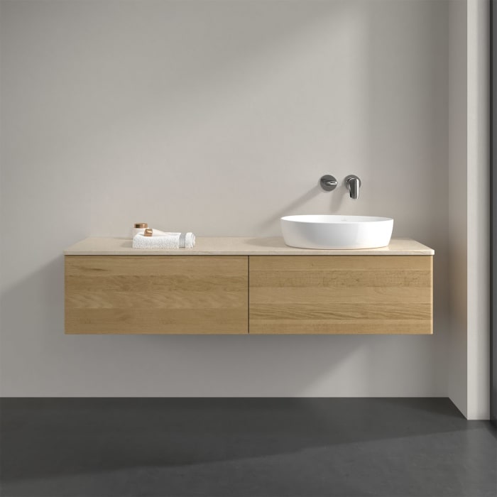 Villeroy & Boch Antao Waschbeckenunterschrank, 160 x 36 cm, 2 Auszüge mit LED-Licht, Front ohne Struktur, ohne Hahnloch, für Waschtisch rechts