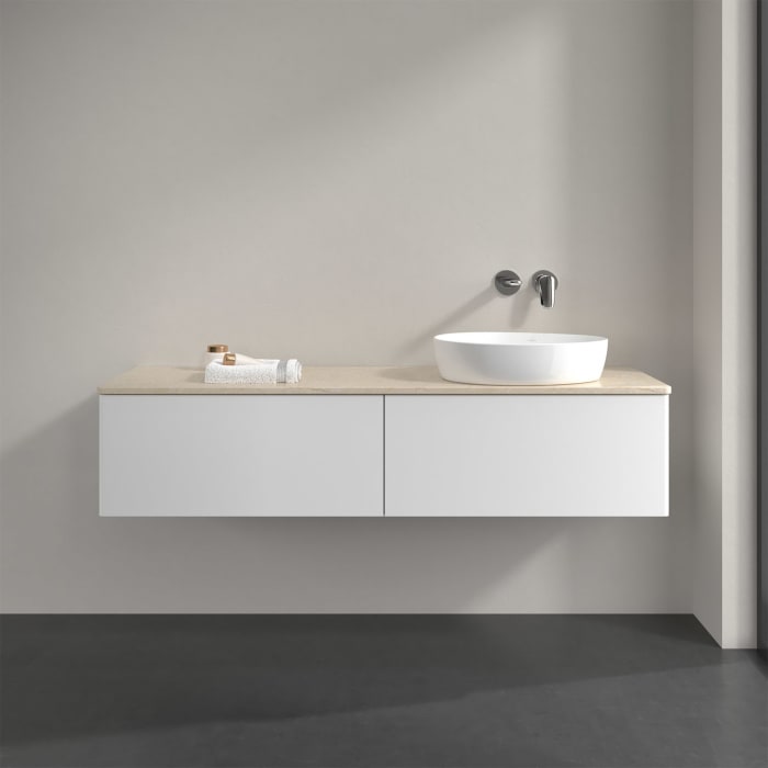 Villeroy & Boch Antao Waschbeckenunterschrank, 160 x 36 cm, 2 Auszüge mit LED-Licht, Front ohne Struktur, ohne Hahnloch, für Waschtisch rechts