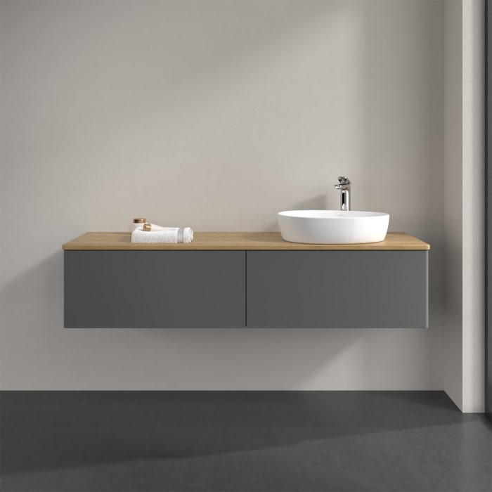 Villeroy & Boch Antao Waschbeckenunterschrank, 160 x 36 cm, 2 Auszüge mit LED-Licht, Front ohne Struktur, mit Hahnloch, für Waschtisch rechts