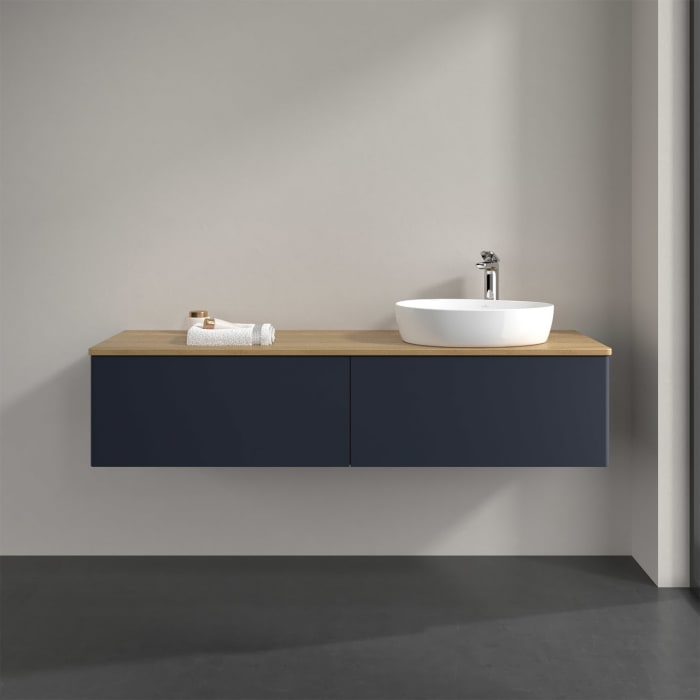 Villeroy & Boch Antao Waschbeckenunterschrank, 160 x 36 cm, 2 Auszüge mit LED-Licht, Front ohne Struktur, mit Hahnloch, für Waschtisch rechts