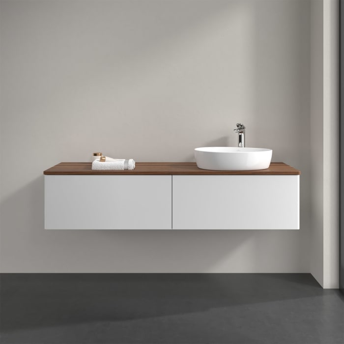 Villeroy & Boch Antao Waschbeckenunterschrank, 160 x 36 cm, 2 Auszüge mit LED-Licht, Front ohne Struktur, mit Hahnloch, für Waschtisch rechts