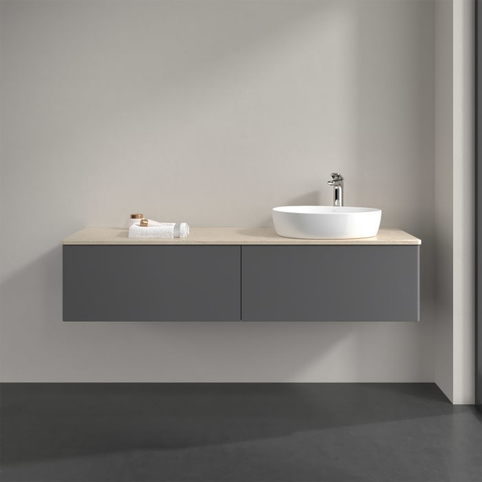 Villeroy & Boch Antao Waschbeckenunterschrank, 160 x 36 cm, 2 Auszüge mit LED-Licht, Front ohne Struktur, mit Hahnloch, für Waschtisch rechts