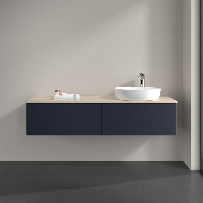 Villeroy & Boch Antao Waschbeckenunterschrank, 160 x 36 cm, 2 Auszüge mit LED-Licht, Front ohne Struktur, mit Hahnloch, für Waschtisch rechts