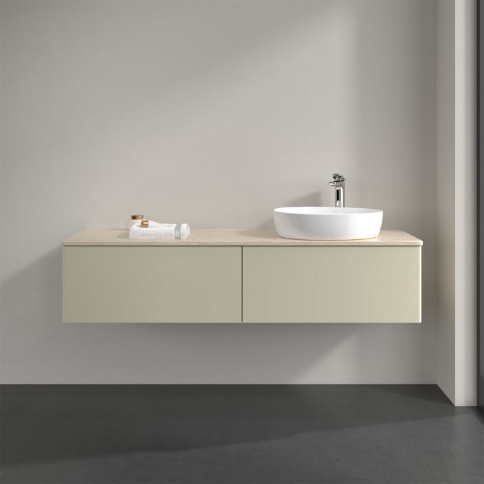 Villeroy & Boch Antao Waschbeckenunterschrank, 160 x 36 cm, 2 Auszüge mit LED-Licht, Front ohne Struktur, mit Hahnloch, für Waschtisch rechts