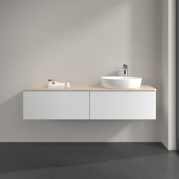 Villeroy & Boch Antao Waschbeckenunterschrank, 160 x 36 cm, 2 Auszüge mit LED-Licht, Front ohne Struktur, mit Hahnloch, für Waschtisch rechts