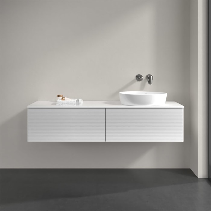 Villeroy & Boch Antao Waschbeckenunterschrank, 160 x 36 cm, 2 Auszüge mit LED-Licht, Front mit Struktur, ohne Hahnloch, für Waschtisch rechts