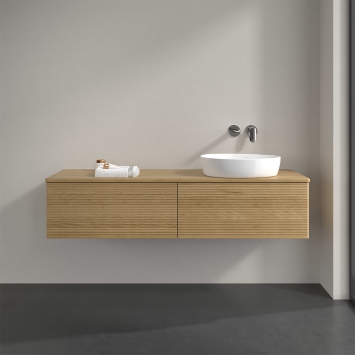 Villeroy & Boch Antao Waschbeckenunterschrank, 160 x 36 cm, 2 Auszüge mit LED-Licht, Front mit Struktur, ohne Hahnloch, für Waschtisch rechts