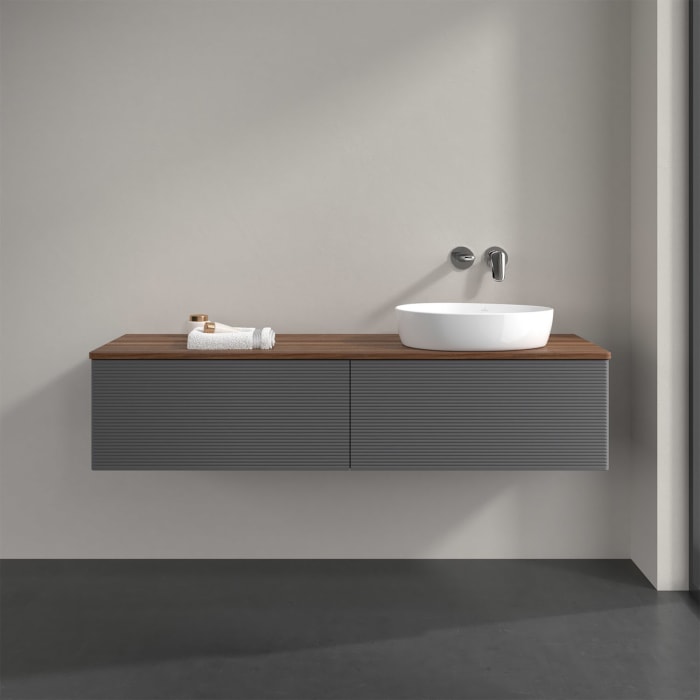 Villeroy & Boch Antao Waschbeckenunterschrank, 160 x 36 cm, 2 Auszüge mit LED-Licht, Front mit Struktur, ohne Hahnloch, für Waschtisch rechts