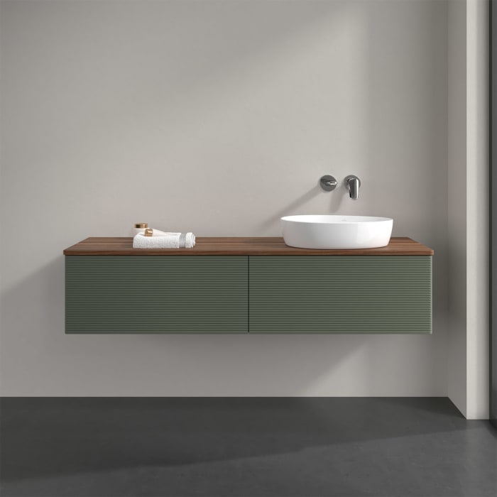 Villeroy & Boch Antao Waschbeckenunterschrank, 160 x 36 cm, 2 Auszüge mit LED-Licht, Front mit Struktur, ohne Hahnloch, für Waschtisch rechts