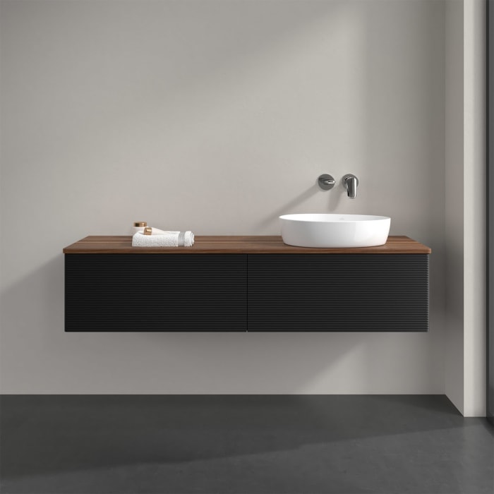 Villeroy & Boch Antao Waschbeckenunterschrank, 160 x 36 cm, 2 Auszüge mit LED-Licht, Front mit Struktur, ohne Hahnloch, für Waschtisch rechts