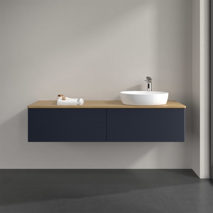 Villeroy & Boch Antao Waschbeckenunterschrank, 160 x 36 cm, 2 Auszüge mit LED-Licht, Front mit Struktur, mit Hahnloch, für Waschtisch rechts